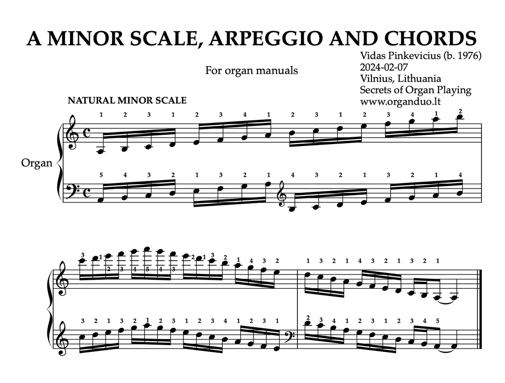 A Minor Scale, Arpeggios and Chords for Organ Manuals with Fingering