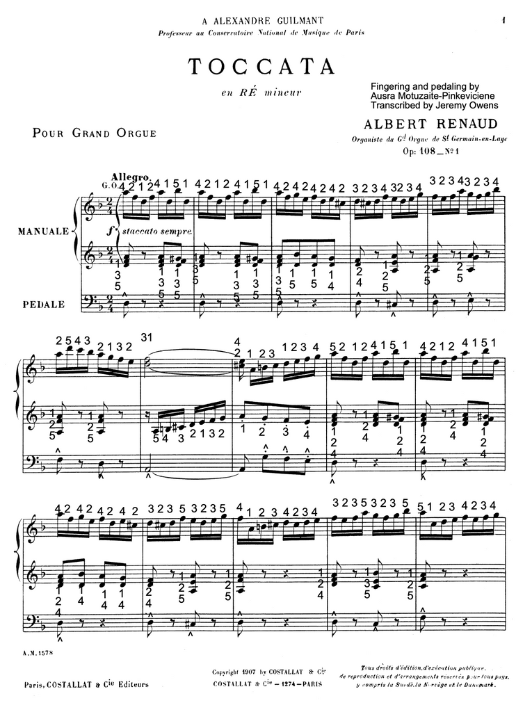 Toccata in D Minor, Op. 108 No. 1 by Albert Renaud with Complete Fingering and Pedaling