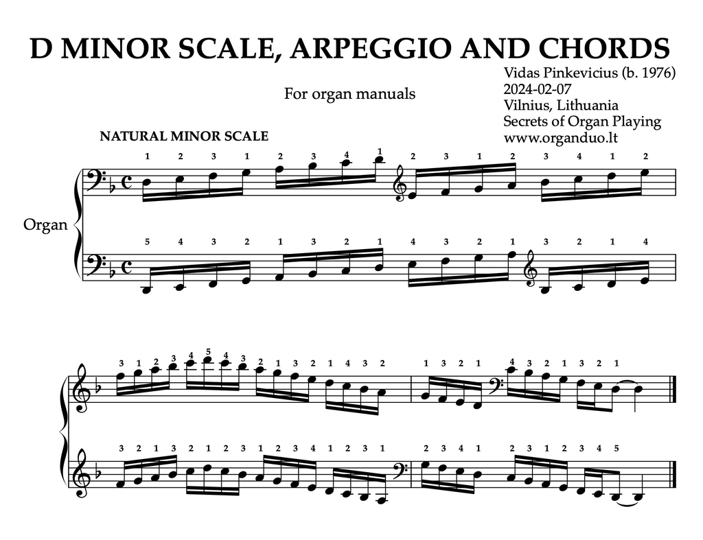D Minor Scale, Arpeggios and Chords for Organ Manuals with Fingering