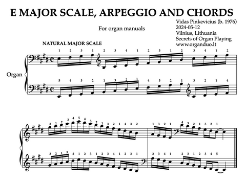 E Major Scale, Arpeggios and Chords for Organ Manuals with Fingering