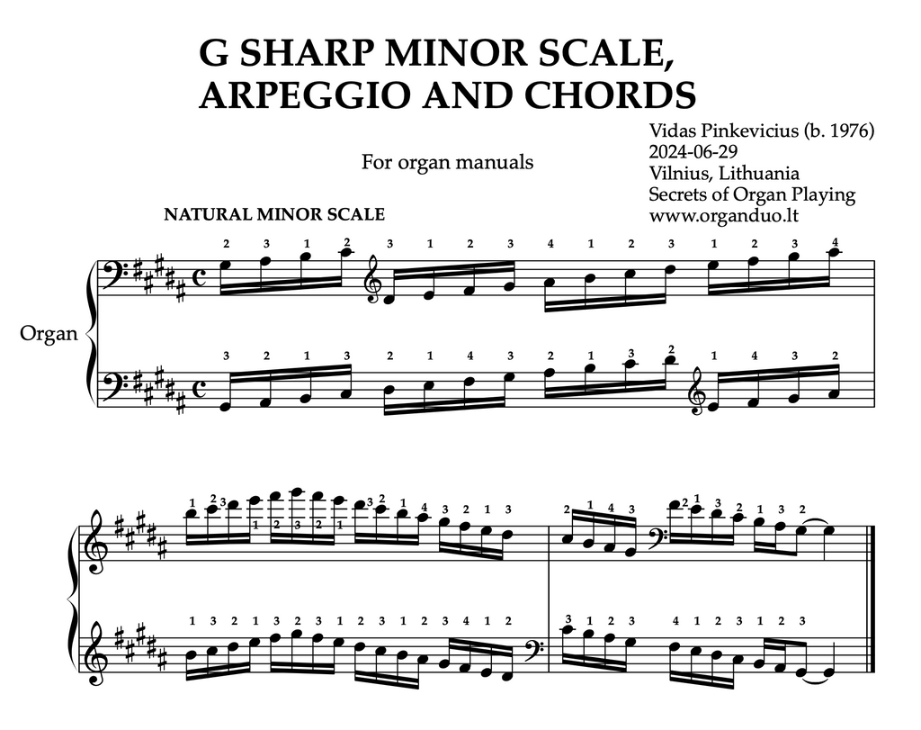 G Sharp Minor Scale, Arpeggios and Chords for Organ Manuals with Fingering