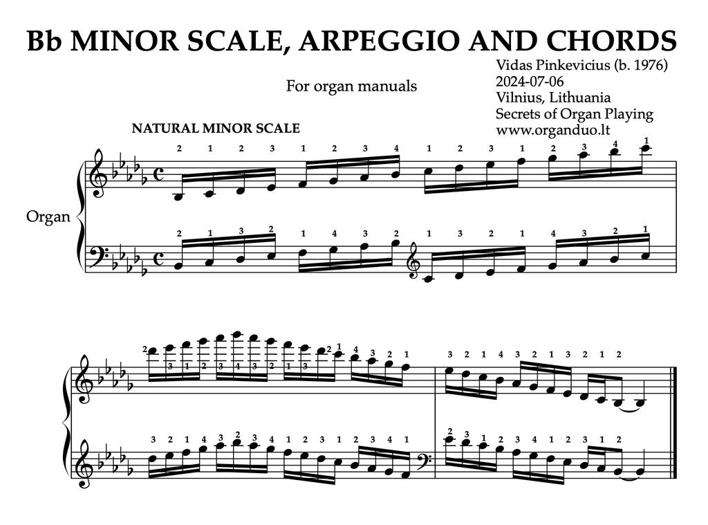 B Flat Minor Scale, Arpeggios and Chords for Organ Manuals with Fingering