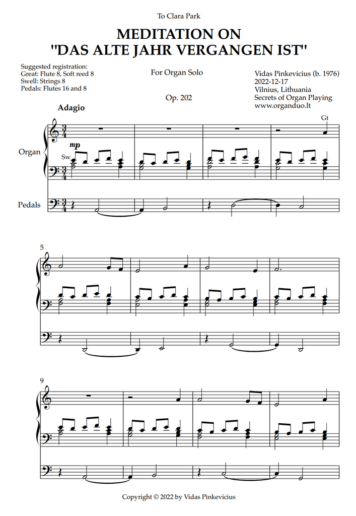 Meditation on "Das alte Jahr vergangen ist", Op. 202 (Organ Solo) by Vidas Pinkevicius