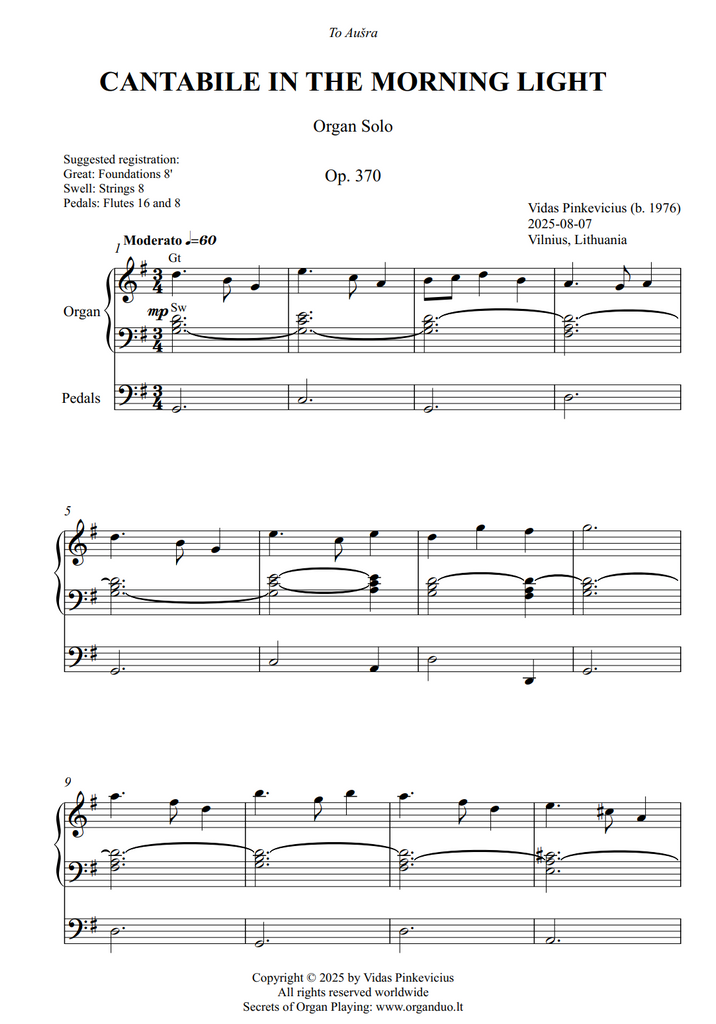 Cantabile in the Morning Light, Op. 370 (Organ Solo) by Vidas Pinkevicius