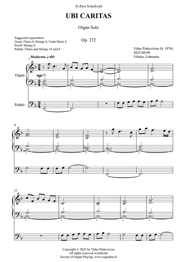 Ubi Caritas, Op. 372 (Organ Solo) by Vidas Pinkevicius