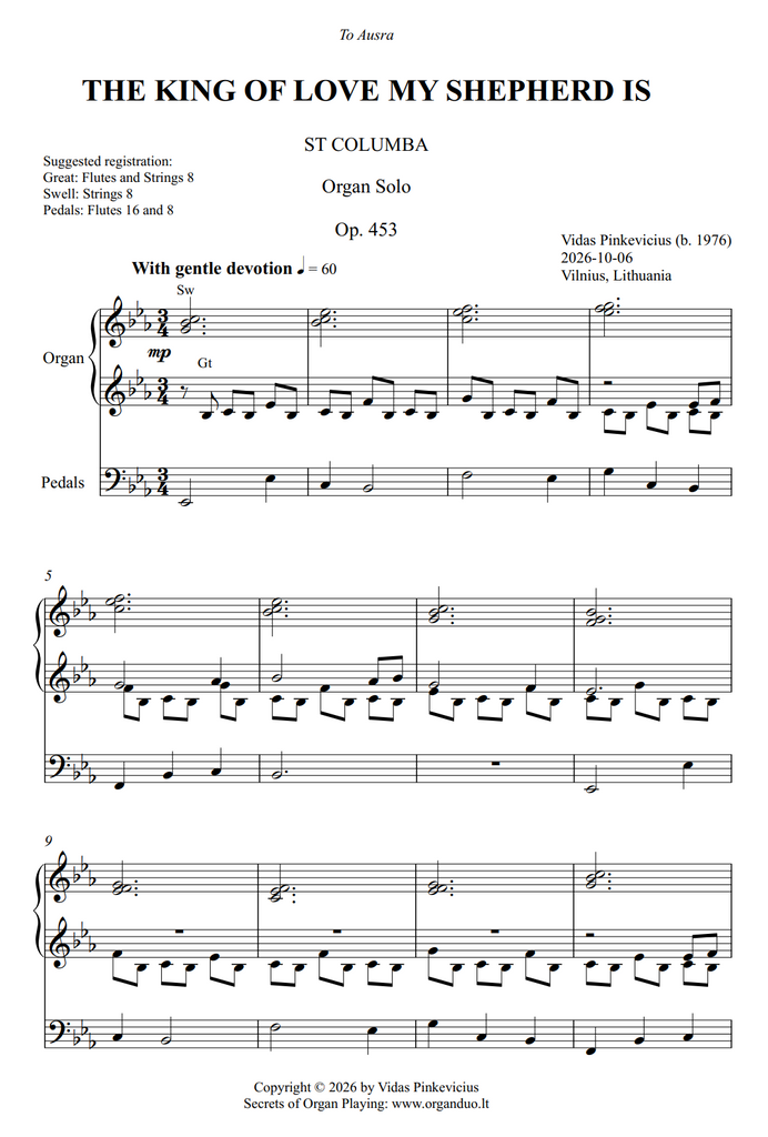 The King of Love My Shepherd Is (ST COLUMBA), Op. 453 (Organ Solo) by Vidas Pinkevicius