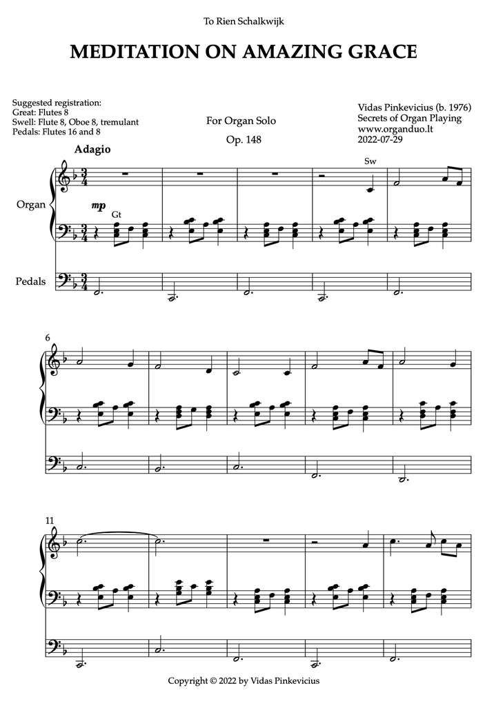 Meditation on Amazing Grace, Op. 148 (Organ Solo) by Vidas Pinkevicius (2022)