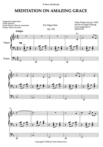 Meditation on Amazing Grace, Op. 148 (Organ Solo) by Vidas Pinkevicius (2022)