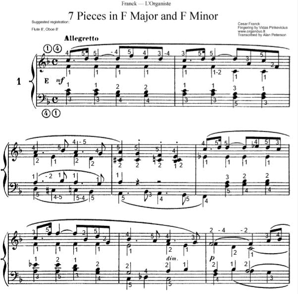 Allegretto in F Major from L'Organiste by Cesar Franck with Fingering