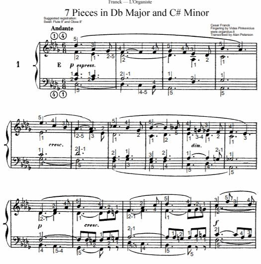 Andante in Db Major from L'Organiste by Cesar Franck with Fingering