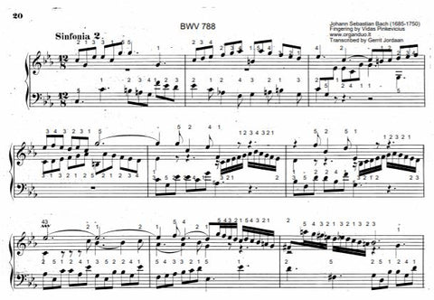 Three Part Sinfonia No. 2 in C Minor, BWV 788 by J.S. Bach with complete fingering