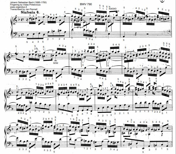 Three Part Sinfonia No. 4 in D Minor, BWV 790 by J.S. Bach with complete fingering