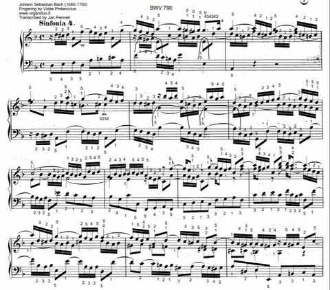 Three Part Sinfonia No. 4 in D Minor, BWV 790 by J.S. Bach with complete fingering