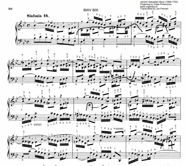 Three Part Sinfonia No. 14 in Bb Major, BWV 800 by J.S. Bach with complete fingering