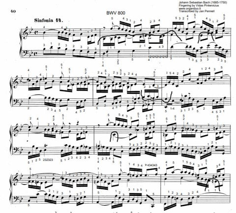 Three Part Sinfonia No. 14 in Bb Major, BWV 800 by J.S. Bach with complete fingering