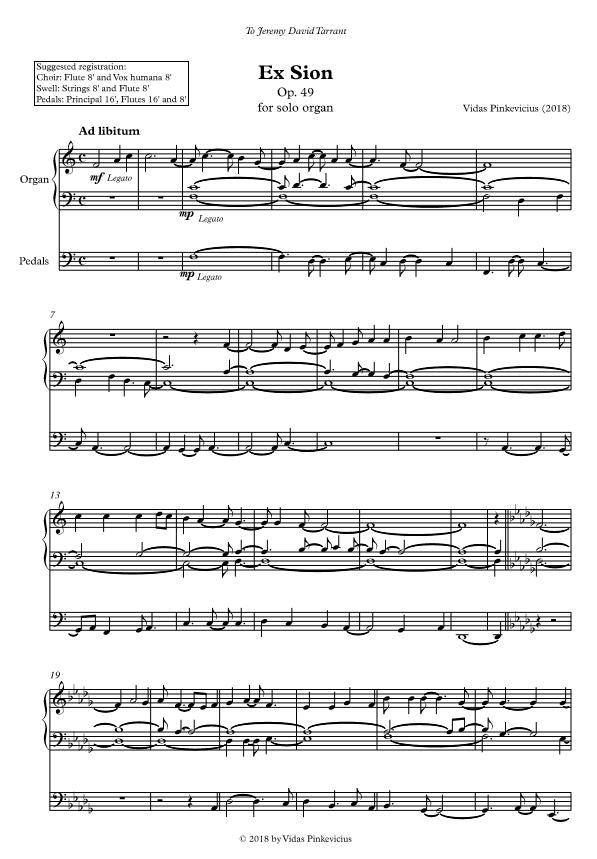Ex Sion, Op. 49 (2018) for solo organ by Vidas Pinkevicius