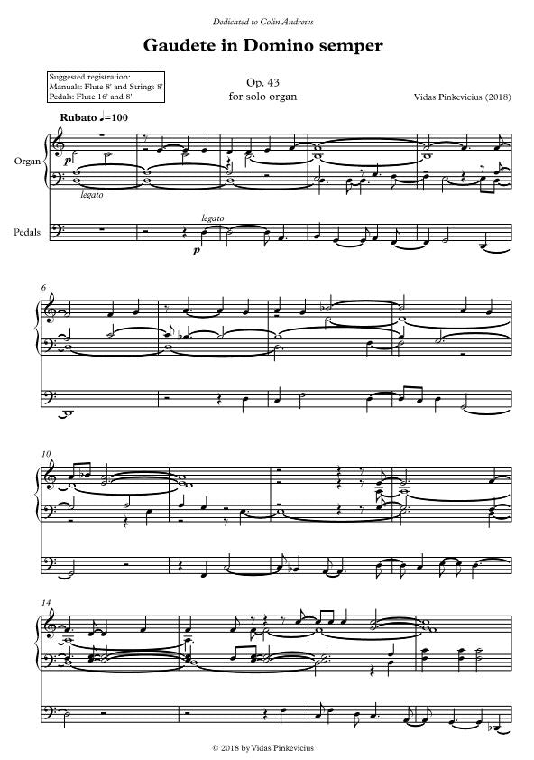 Gaudete in Domino semper, Op. 43 for solo organ (Vidas Pinkevicius, 2018)