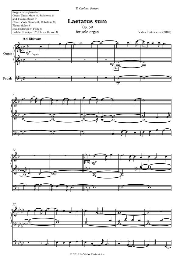 Laetatus sum, Op. 50 (2018) for solo organ by Vidas Pinkevicius