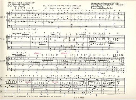 6 Short Trios, Canons, Trio and Prelude Funebre by Jacques-Nicolas Lemmens with Fingering and Pedaling
