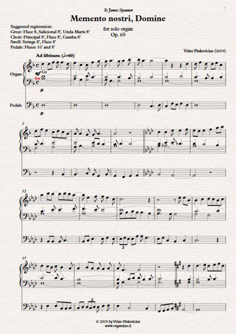 Memento nostri, Domine, Op. 69 (2019) for solo organ by Vidas Pinkevicius