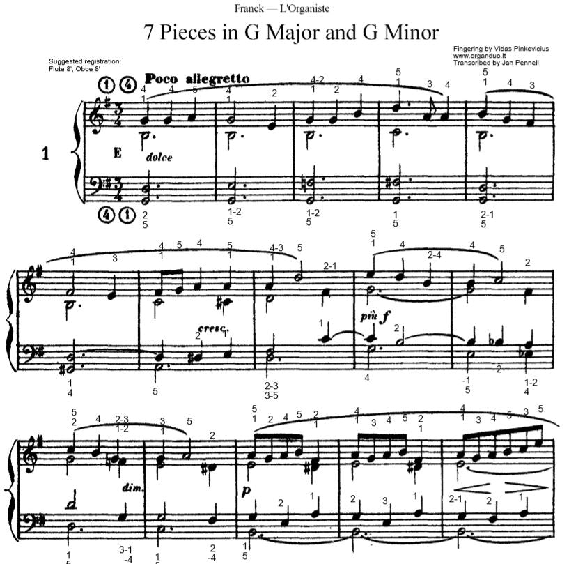 Poco Allegretto in G Major from L'Organiste by Cesar Franck with Fingering
