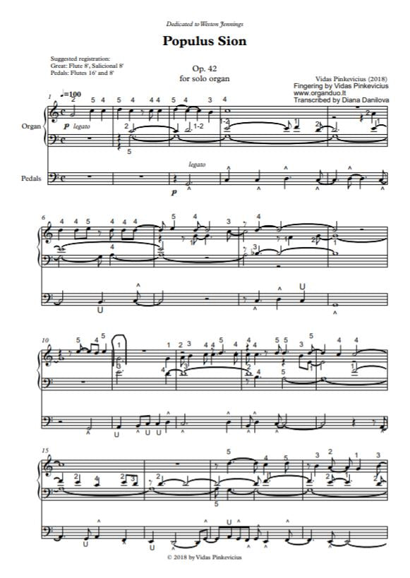 Populus Sion, Op. 42 For Solo Organ (Vidas Pinkevicius) With Fingering And Pedaling