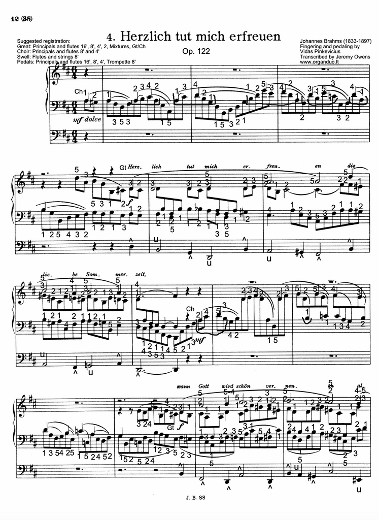 Herzlich tut mich erfreuen, Op. 122 No. 4 by Johannes Brahms with fingering and pedaling