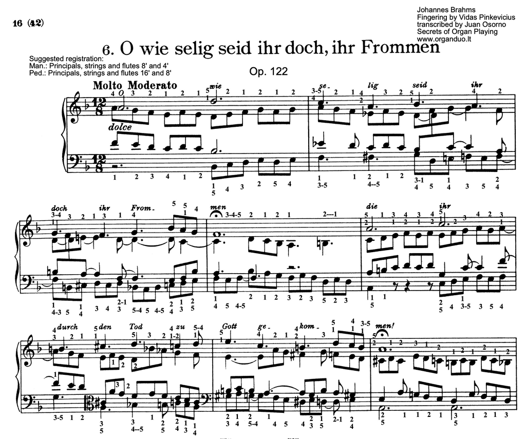 O wie selig seid ihr doch ihr Frommen, Op. 122 No. 6 by Johannes Brahms with fingering