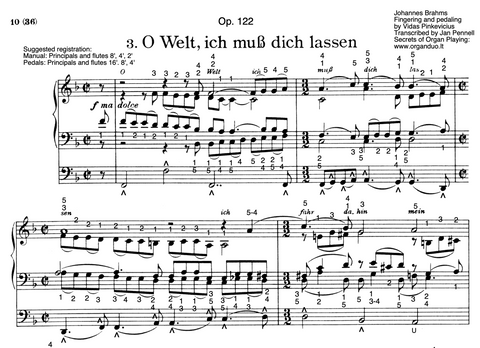 O Welt, ich muss dich lassen, Op. 122 No. 3 by Johannes Brahms with fingering and pedaling