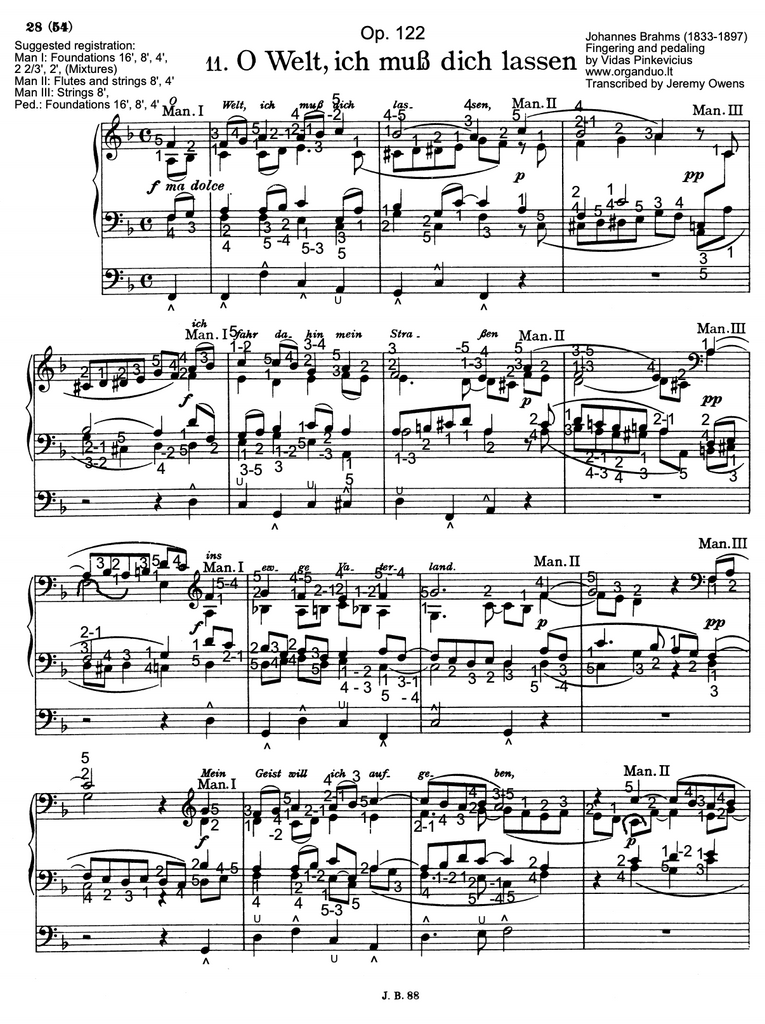O Welt, ich muss dich lassen, Op. 122 No. 11 by Johannes Brahms with fingering and pedaling