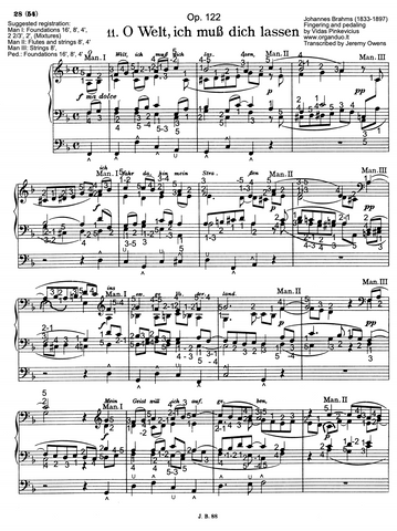 O Welt, ich muss dich lassen, Op. 122 No. 11 by Johannes Brahms with fingering and pedaling