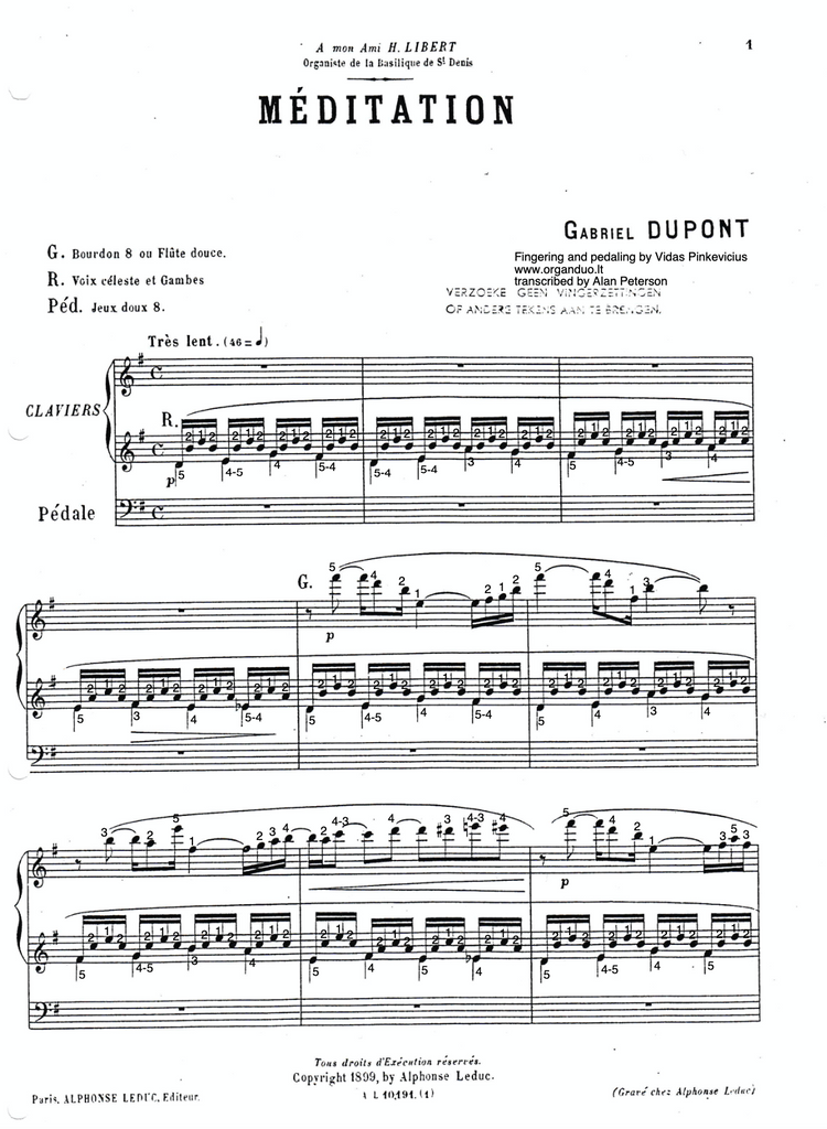 Meditation in G Major by Gabriel Dupont with fingering and pedaling