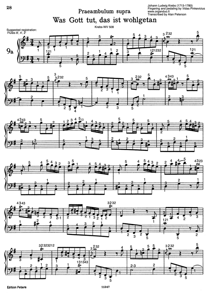 Was Gott tut, das ist wohlgetan by J.L. Krebs with fingering