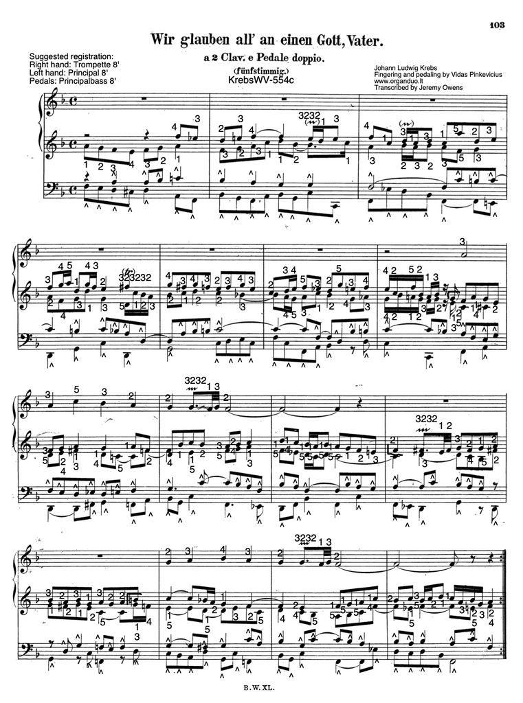 Wir glauben all an einen Gott by Johann Ludwig Krebs with fingering and pedaling