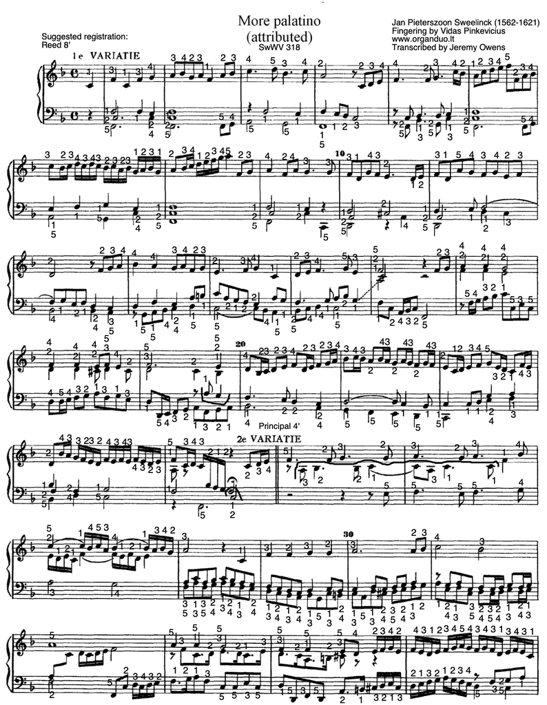 Almande Gratie (More Palatino) by Jan Pieterszoon Sweelinck with fingering