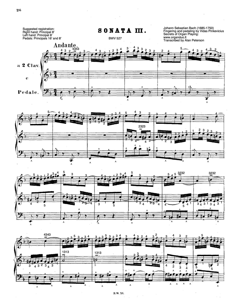 Trio Sonata No. 3 in D Minor, BWV 527 by J.S. Bach with fingering and pedaling