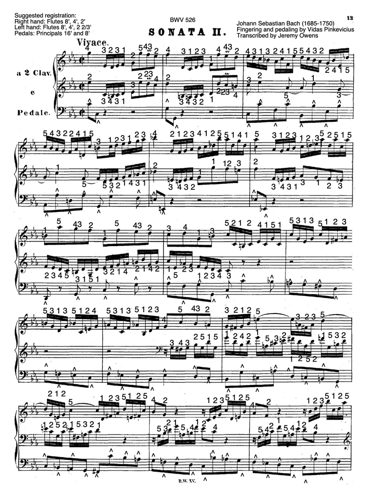 Trio Sonata No. 2 in C Minor, BWV 526 by J.S. Bach with fingering and pedaling
