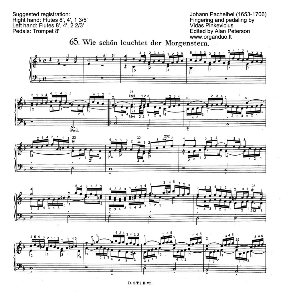 Wie schön leuchtet der Morgenstern by Johann Pachelbel with complete fingering and pedaling
