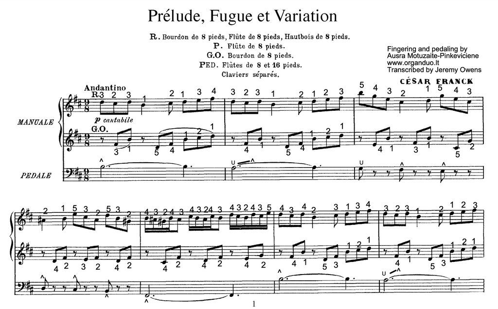Prelude, Fugue and Variation, Op. 18 by Cesar Franck with Fingering and Pedaling