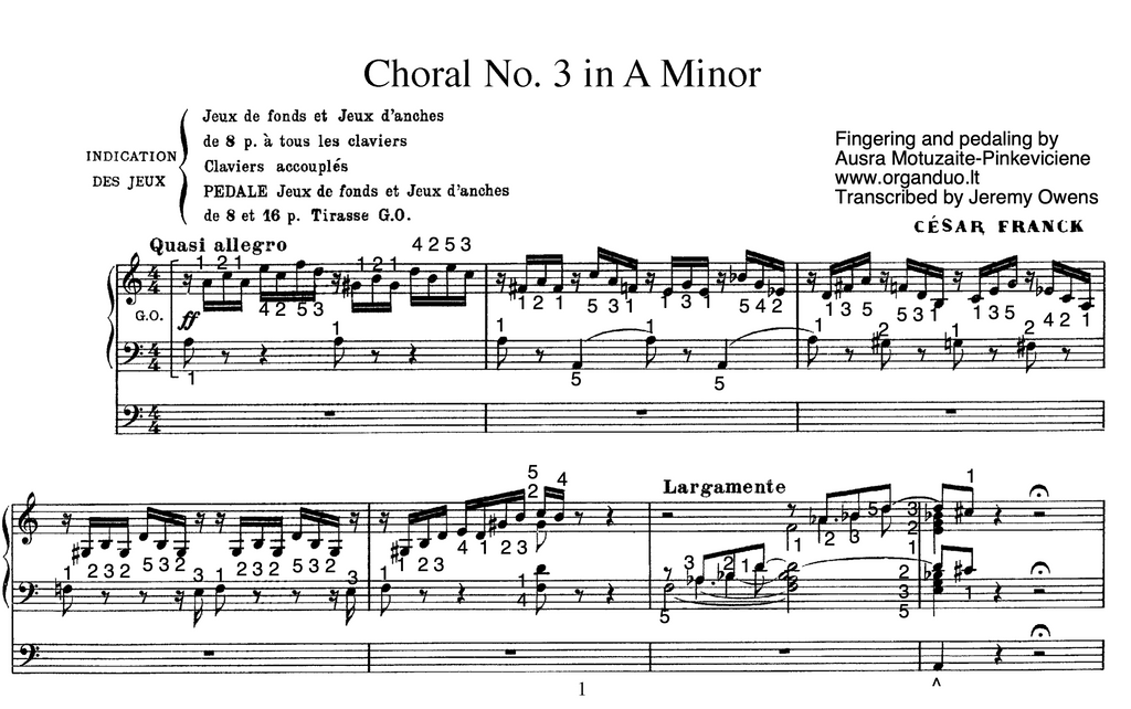 Chorale in A Minor by Cesar Franck with Fingering and Pedaling