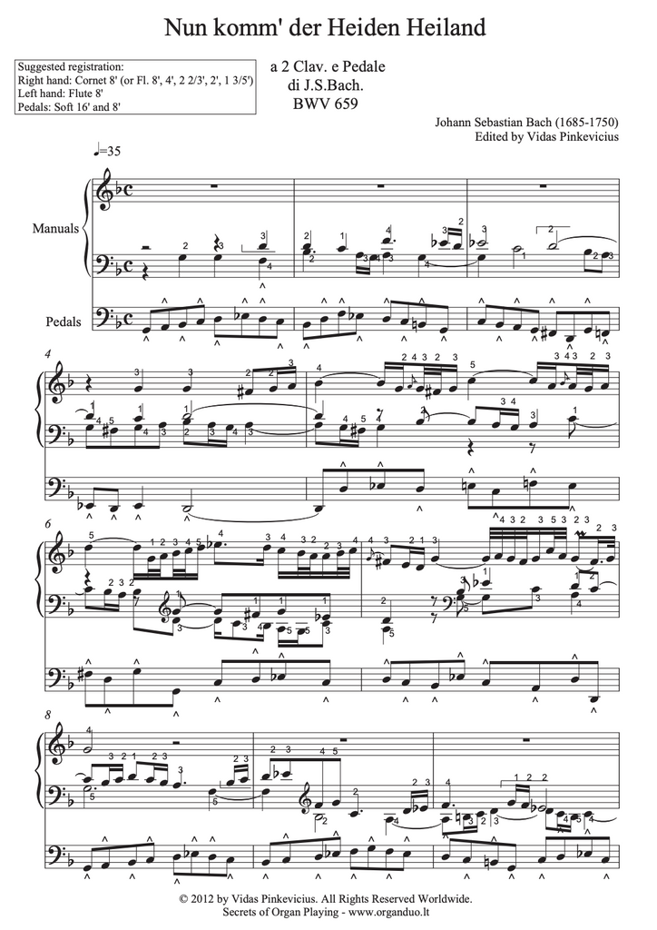 Nun komm, der Heiden Heiland, BWV 659 by J.S. Bach with Fingering and Pedaling
