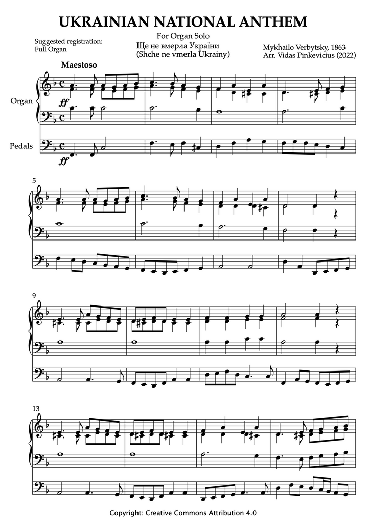 Ukrainian National Anthem for Organ solo (arr. by Vidas Pinkevicius, 2022)