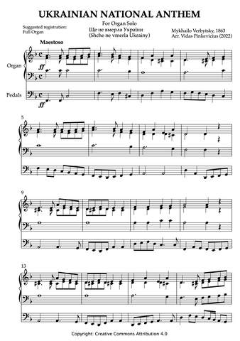 Ukrainian National Anthem for Organ solo (arr. by Vidas Pinkevicius, 2022)