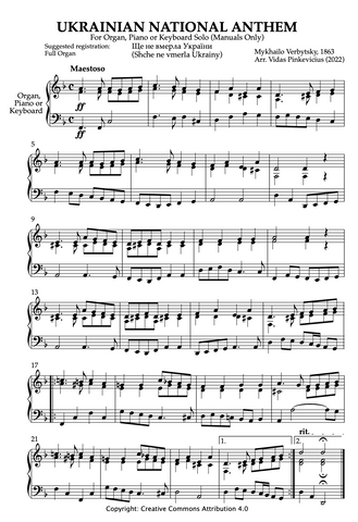 Ukrainian National Anthem for Organ Manuals Only, Piano or Keyboard solo (arr. by Vidas Pinkevicius, 2022)