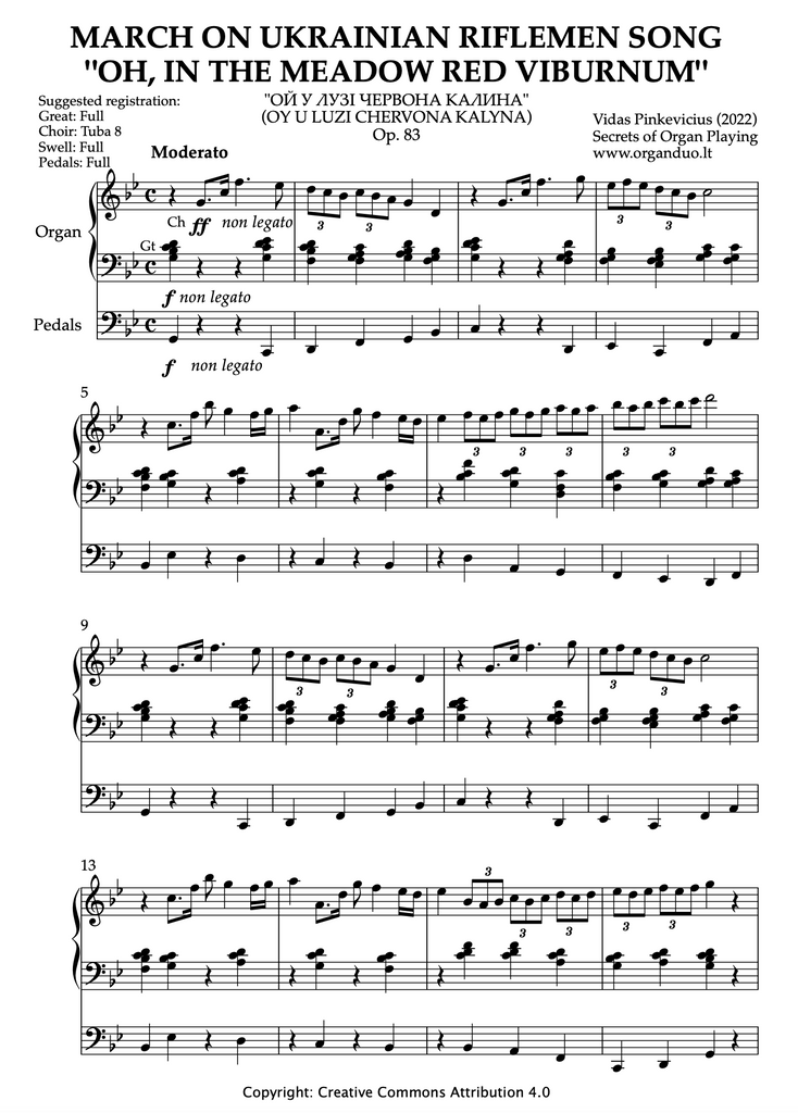 March on Ukrainian Riflemen Song "Oh, in the Meadow Red Viburnum", Op. 83 (Organ Solo) by Vidas Pinkevicius (2022)