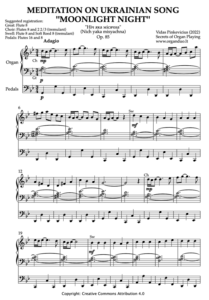 Meditation on Ukrainian Song "Moonlight Night", Op. 85 (Organ Solo) by Vidas Pinkevicius (2022)