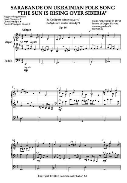 Sarabande on Ukrainian Folk Song "The Sun Is Rising Over Siberia", Op. 86 (Organ Solo) by Vidas Pinkevicius (2022)