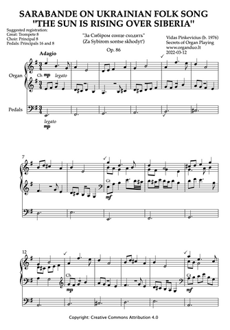 Sarabande on Ukrainian Folk Song "The Sun Is Rising Over Siberia", Op. 86 (Organ Solo) by Vidas Pinkevicius (2022)