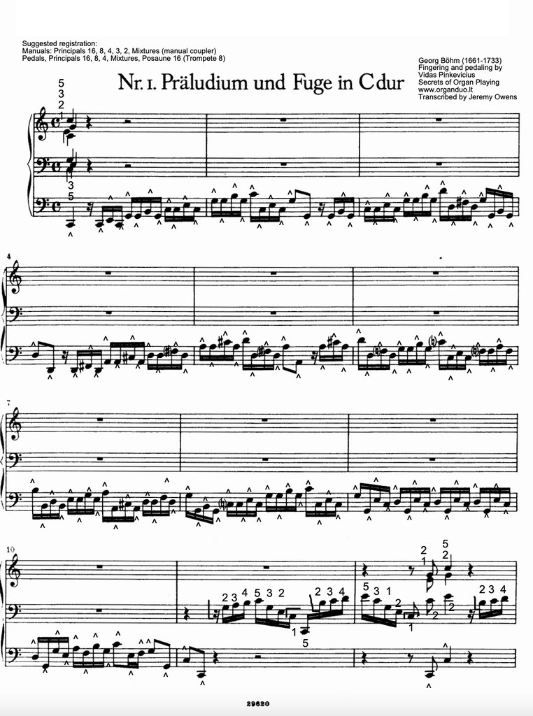 Prelude and Fugue in C Major by Georg Böhm with Fingering and Pedaling