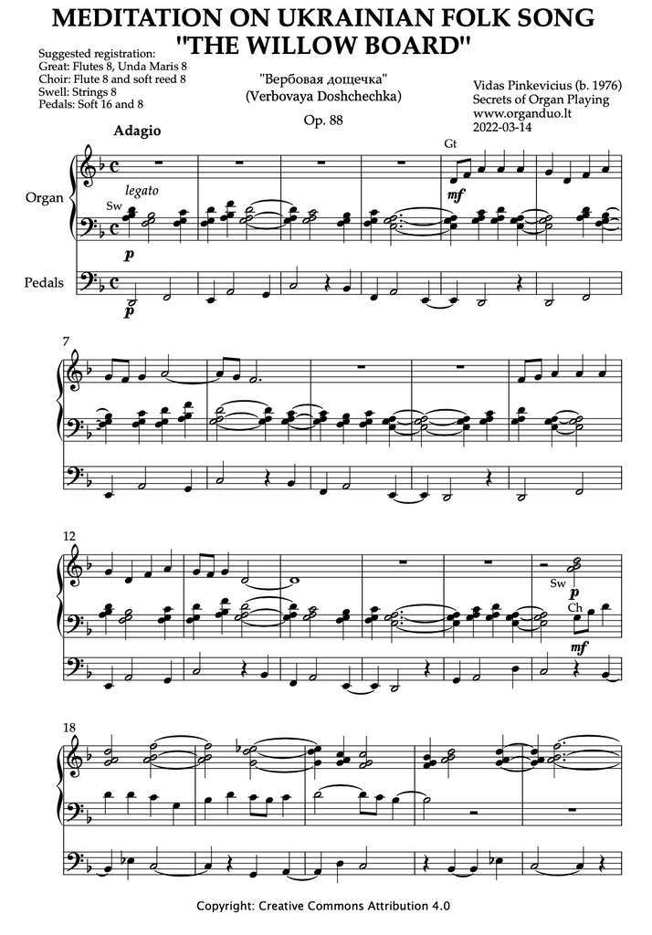 Meditation on Ukrainian Folk Song "The Willow Board", Op. 88 (Organ Solo) by Vidas Pinkevicius (2022)